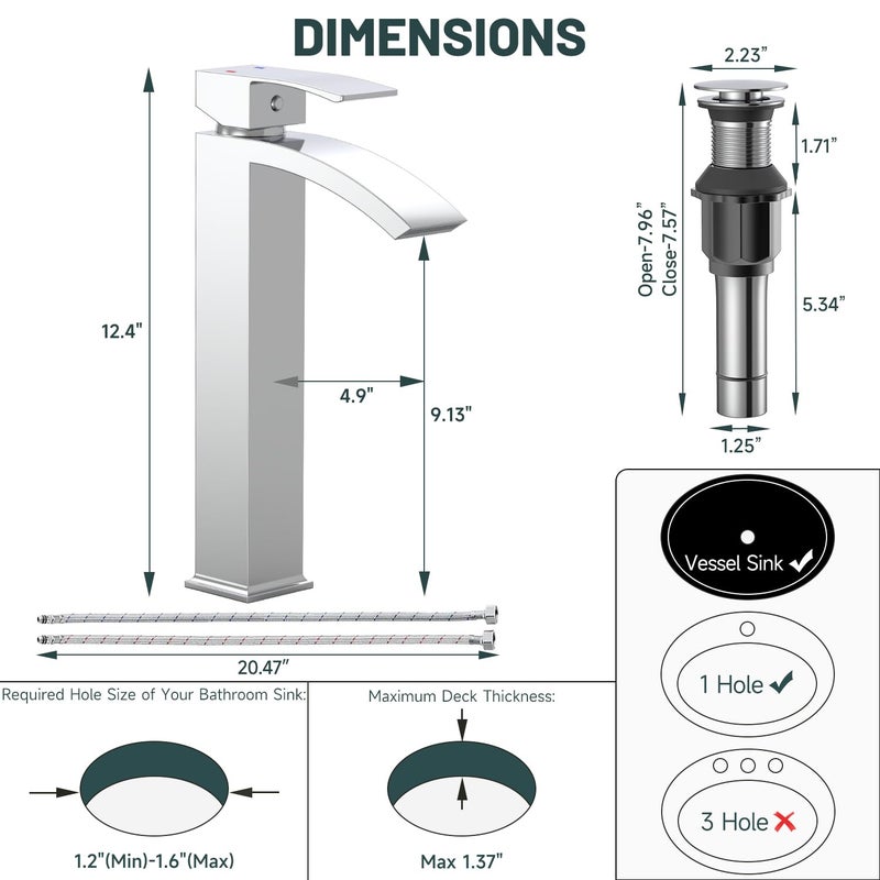 Green Spring Greenspring Chrome Vessel Sink Faucet, Waterfall Bathroom Faucets, Tall Spout Single Handle Single Hole Bathroom Faucets with Pop Up Drain and Without Overflow Basin Faucet Supply Line - Image 2